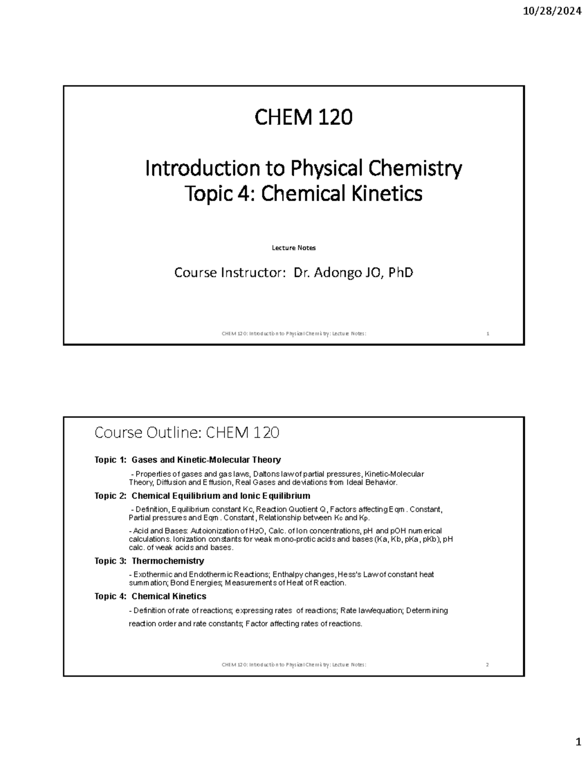 CHEM 120 Lecture Notes: Topic 4 - Chemical Kinetics Overview - Studocu