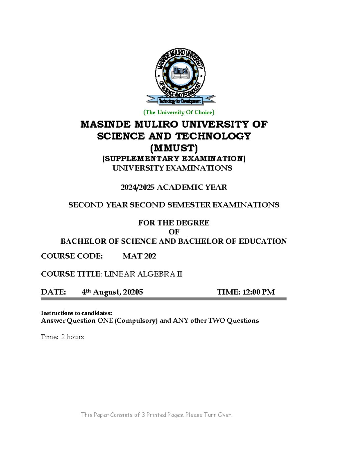 MAT 202 SUPPLEMENTARY EXAMINATION: LINEAR ALGEBRA II NOTES - Studocu