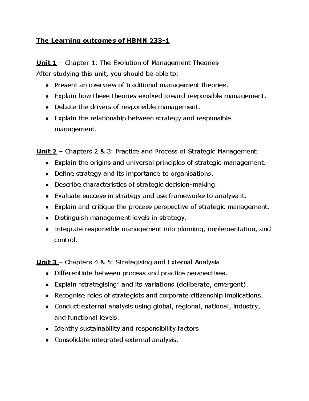 Learning Outcomes of HBMN 233-1: Management Theories & Strategic ...