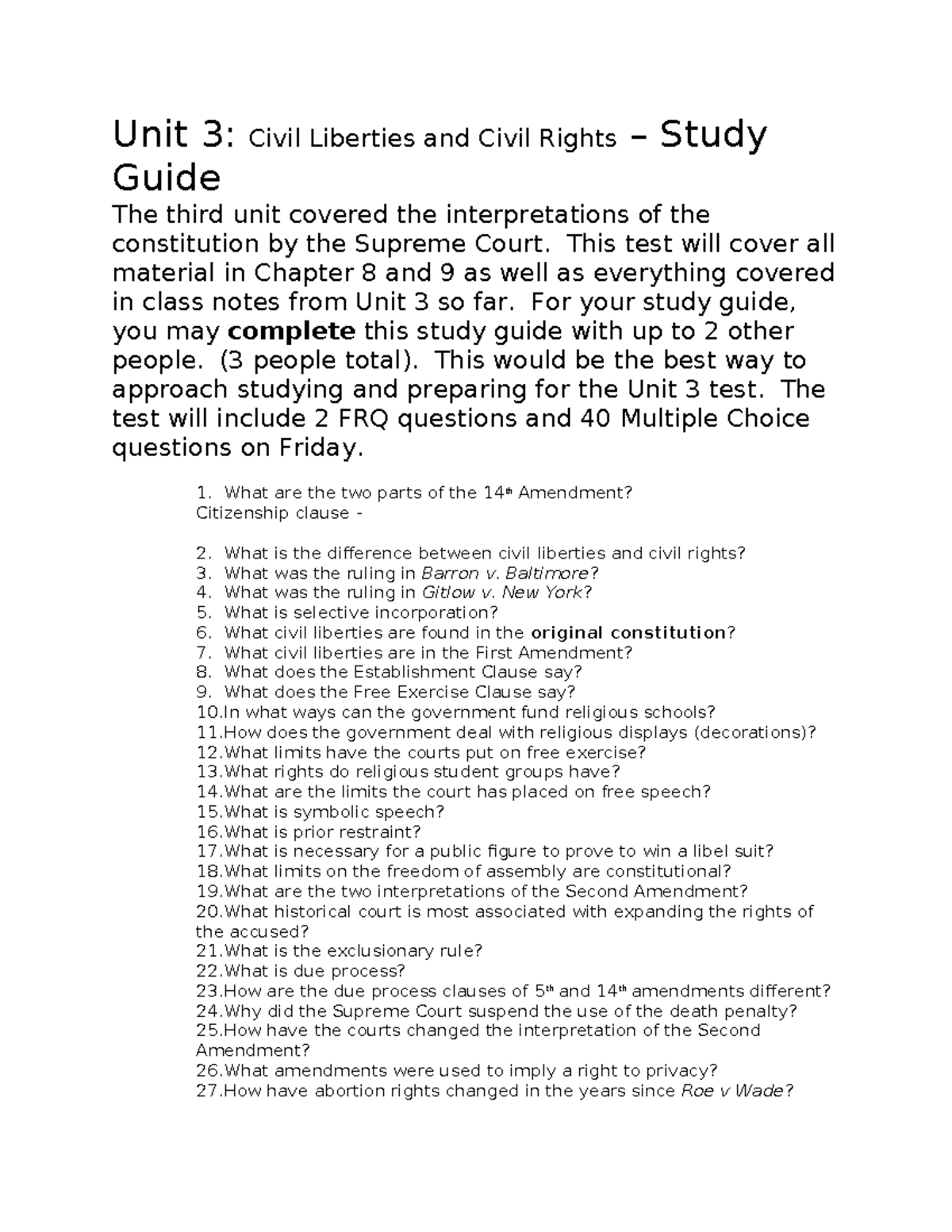 Unit 3: Civil Liberties & Rights Study Guide 2025 - Studocu