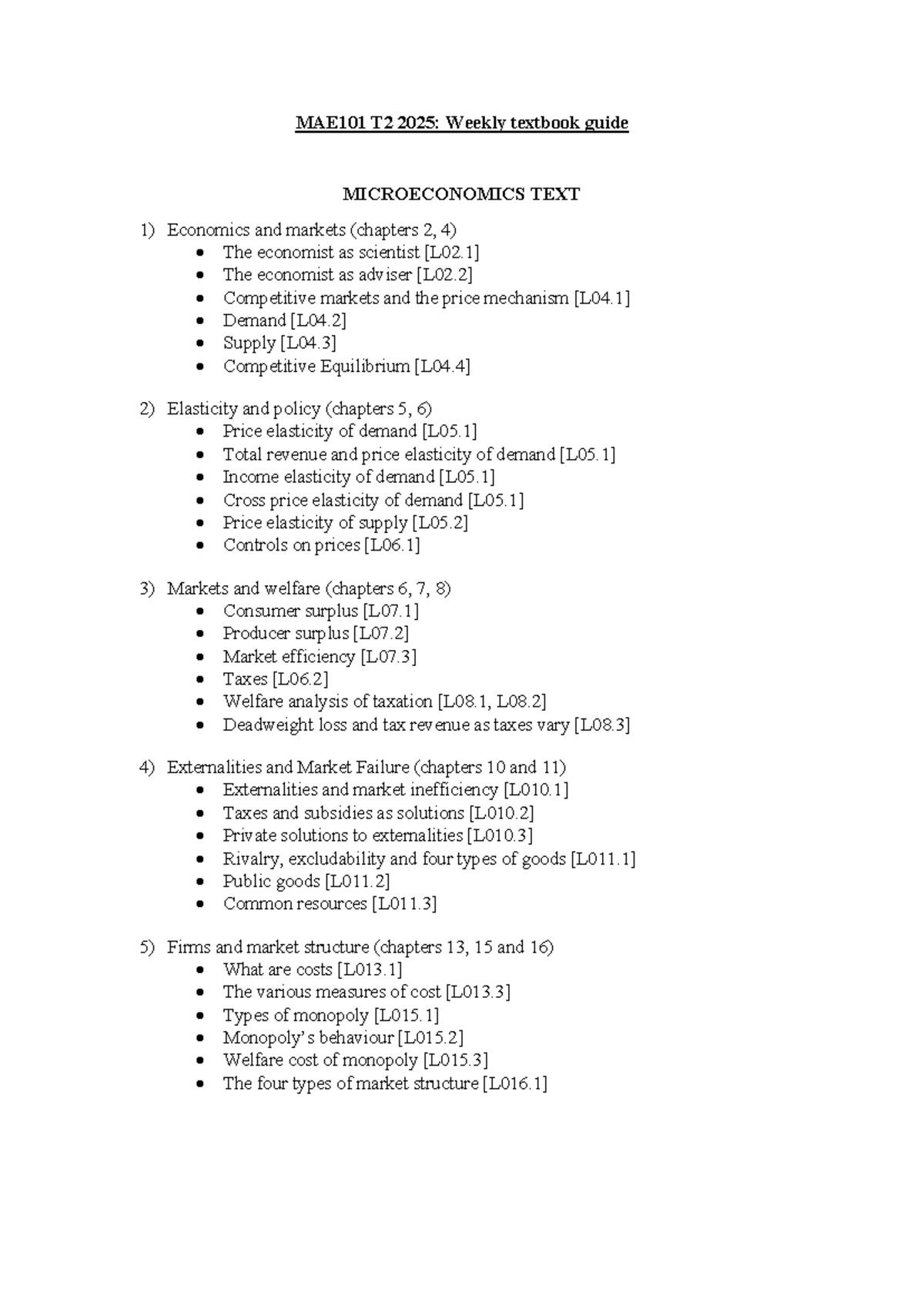 MAE101 T2 2025: Weekly Textbook Guide for Microeconomics - Studocu
