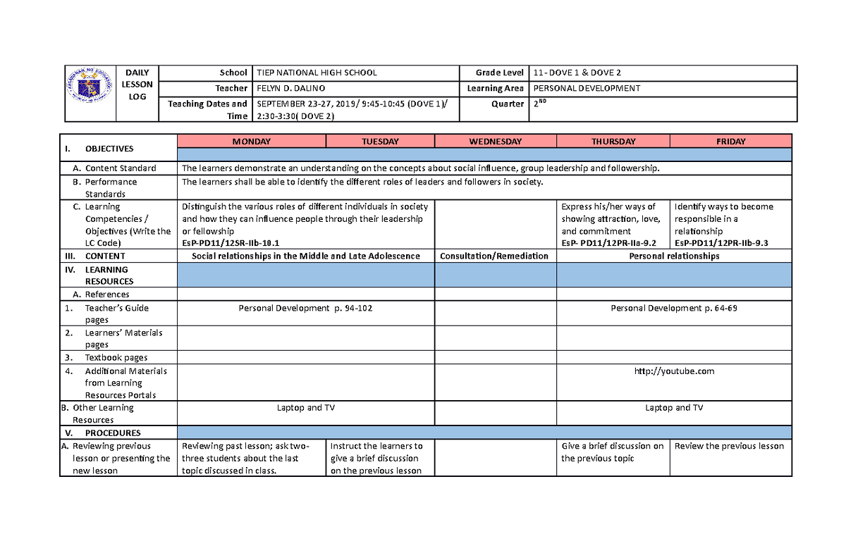 Daily Lesson Log (DLL) for Personal Development (PD) - Week 2 - Studocu