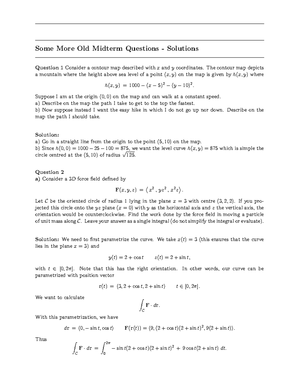 Old Midterm Solutions for Math 101: Contour Maps & Force Fields - Studocu