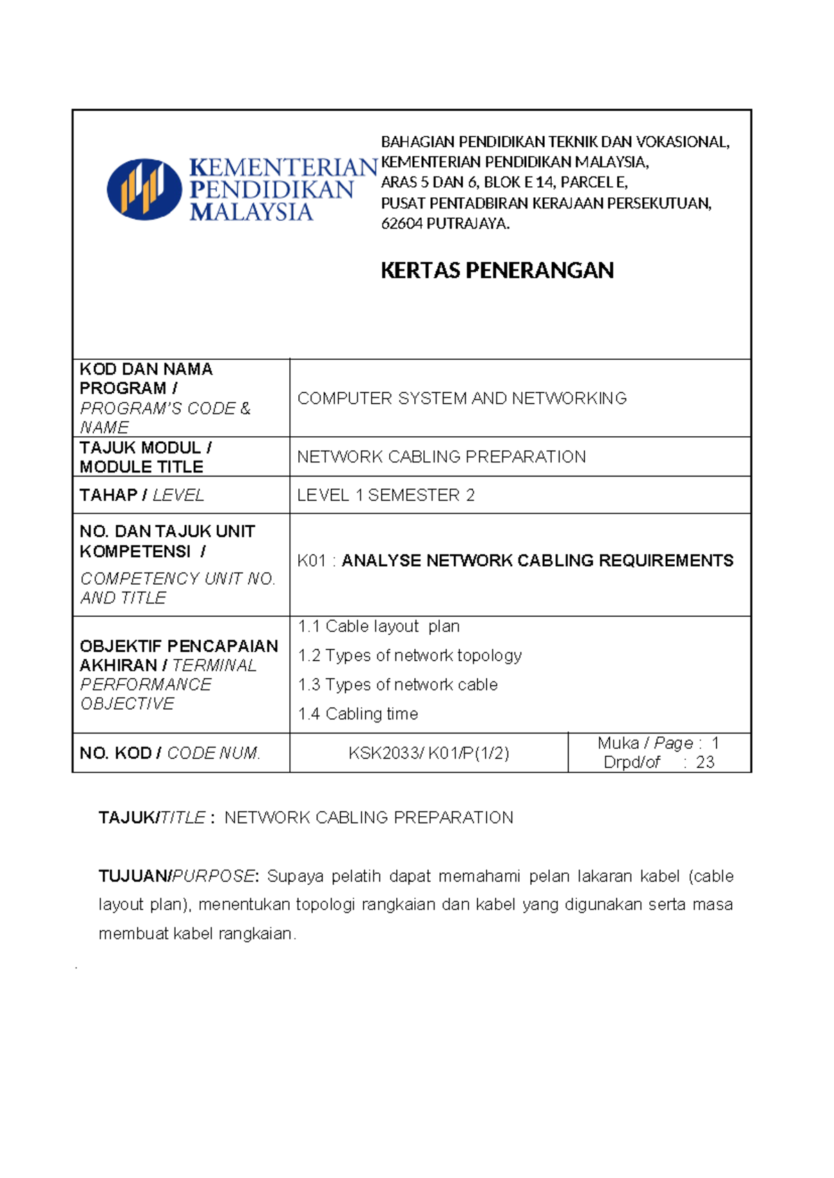 K1 KSK2033: Final Exam Notes on Network Cabling Preparation - Studocu