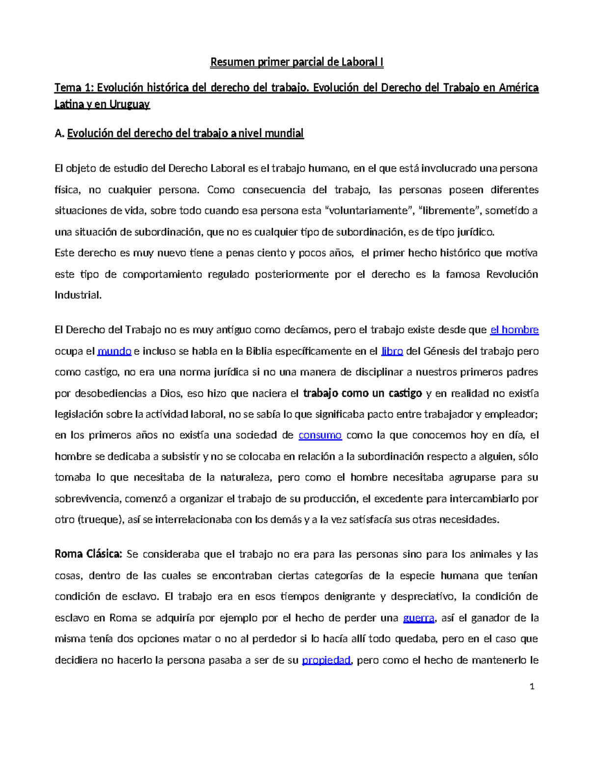 Resumen del Primer Parcial de Laboral I: Evolución del Derecho del ...