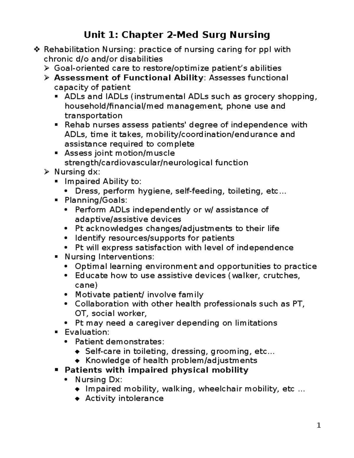 Unit 1: Chapter Notes on Surgical Nursing & Rehabilitation (NUR 101 ...