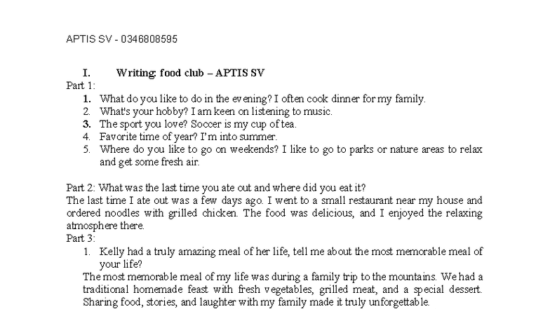 FOOD CLUB APTIS SV Writing Practice: Evening Activities & Dining ...
