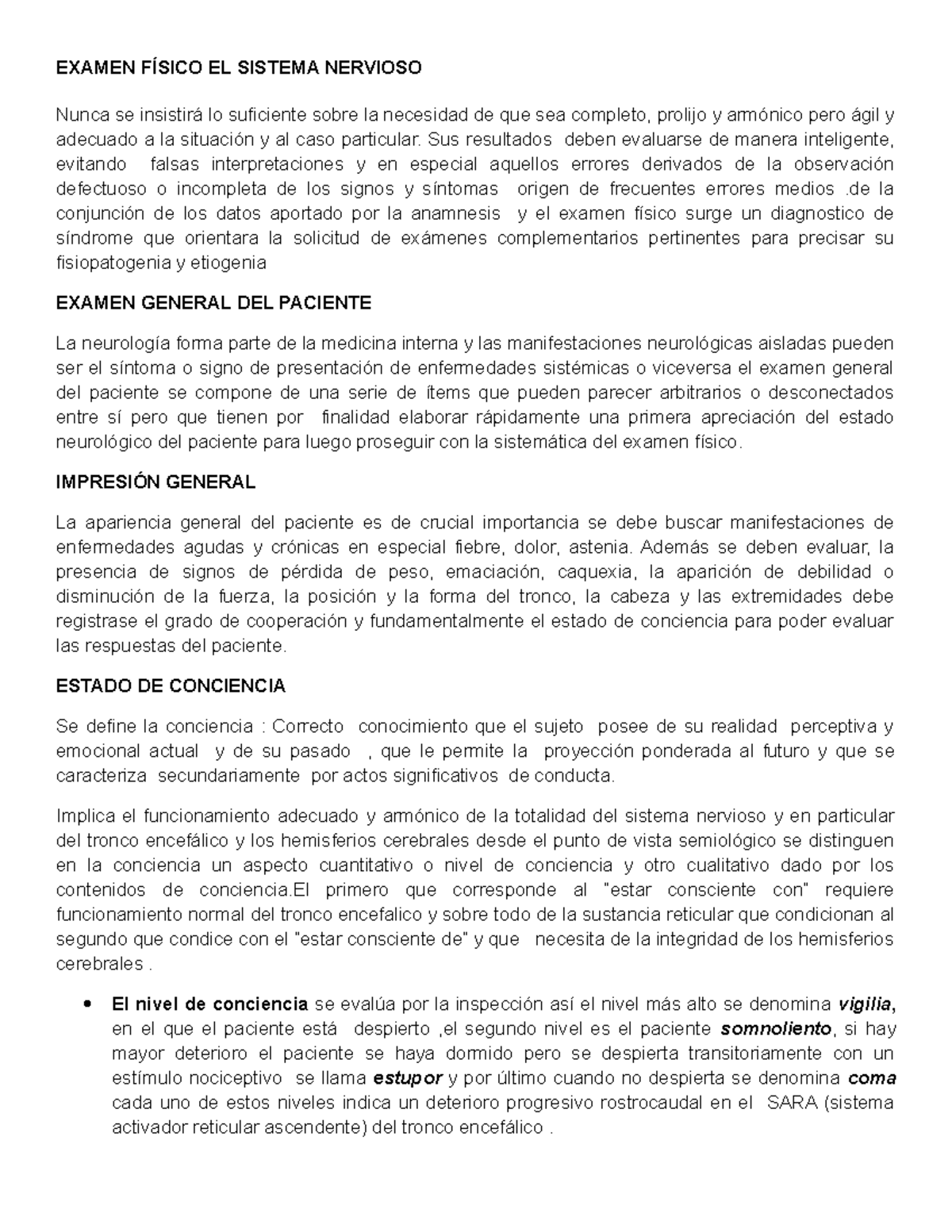 Estado de Conciencia y Examen del Sistema Nervioso (Curso: FIS-101 ...