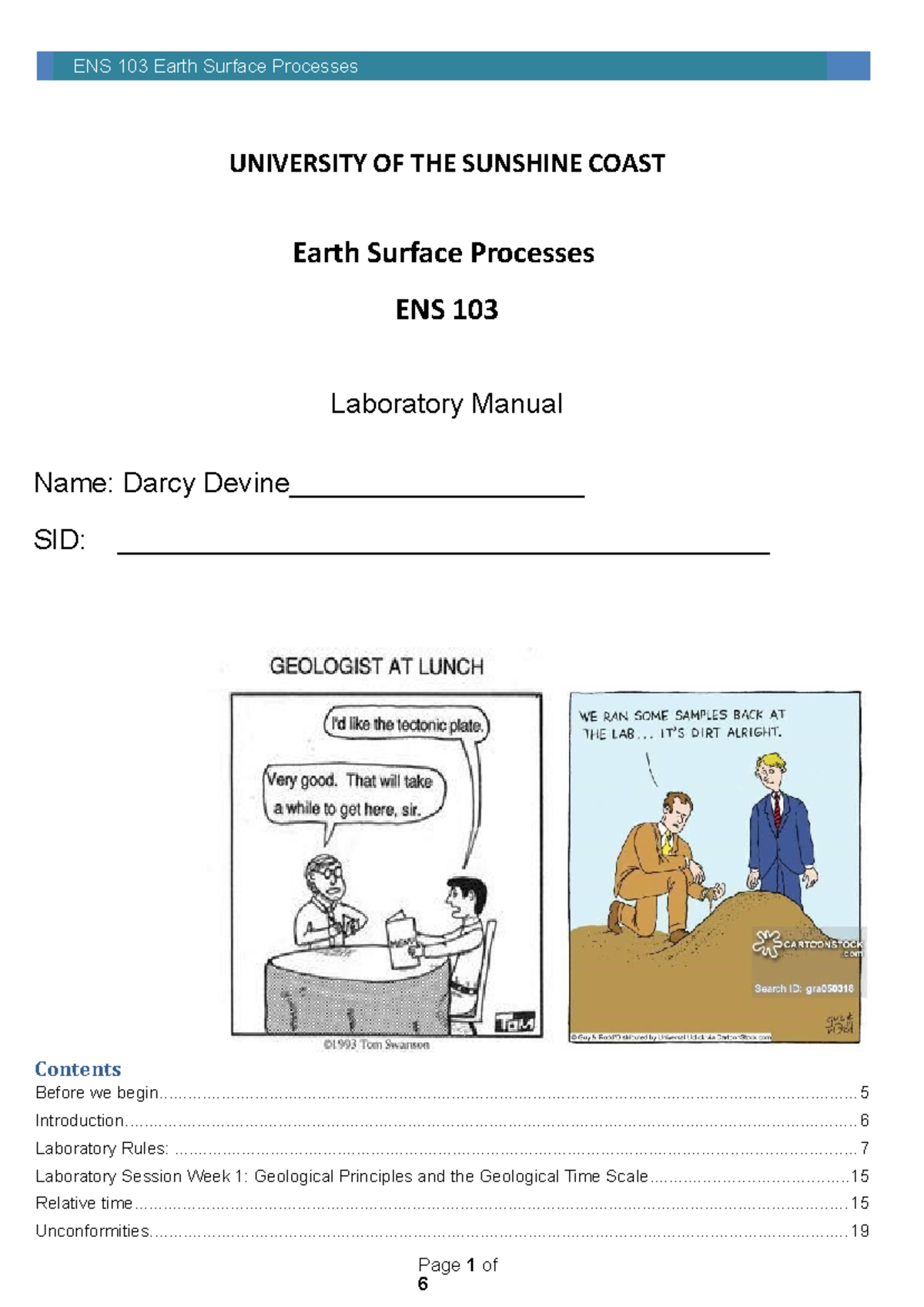 ENS 103 Laboratory Manual 2021 - UNIVERSITY OF THE SUNSHINE COAST Earth ...