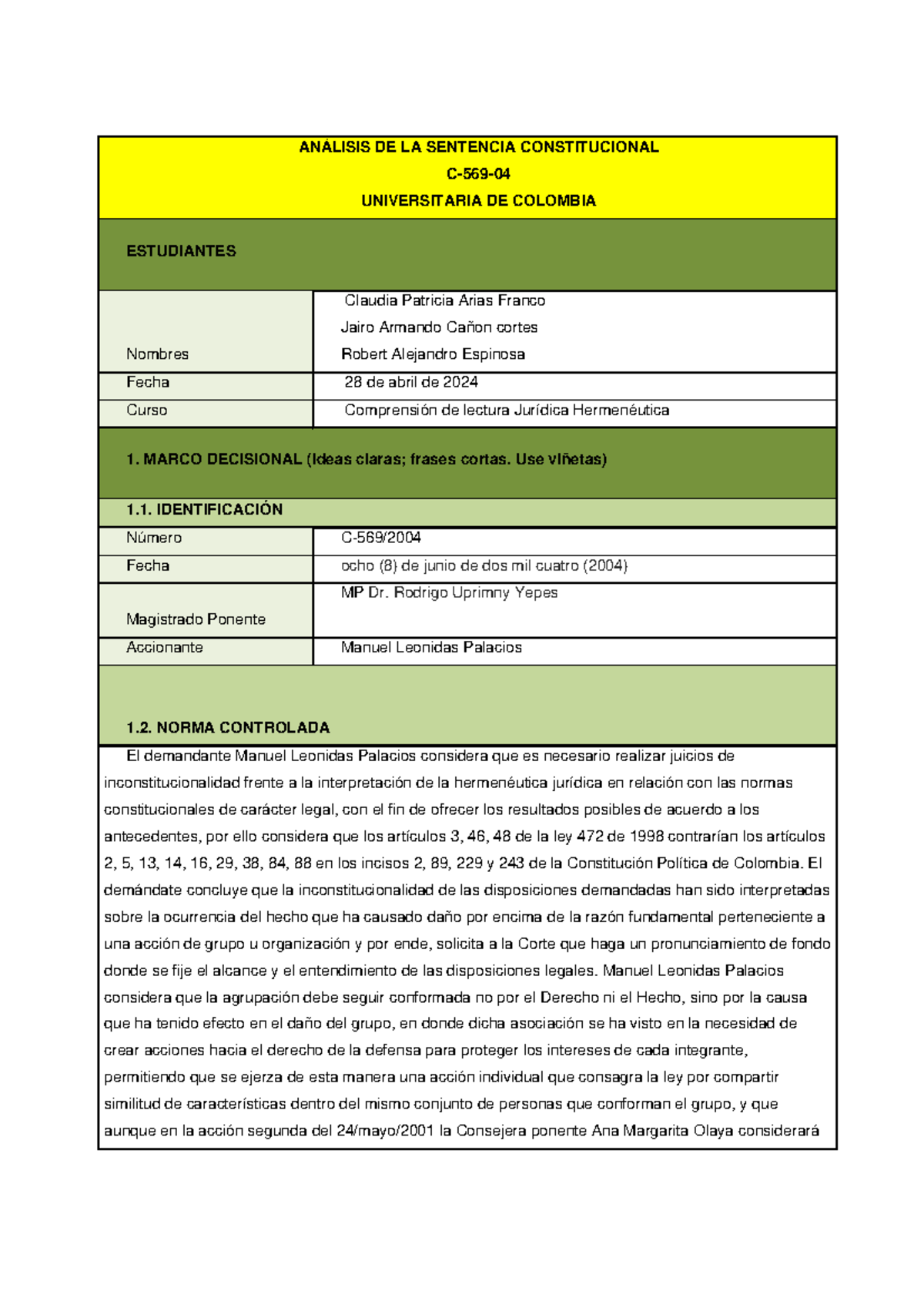 Análisis de la Sentencia Constitucional C-569-04 de la Corte Colombiana