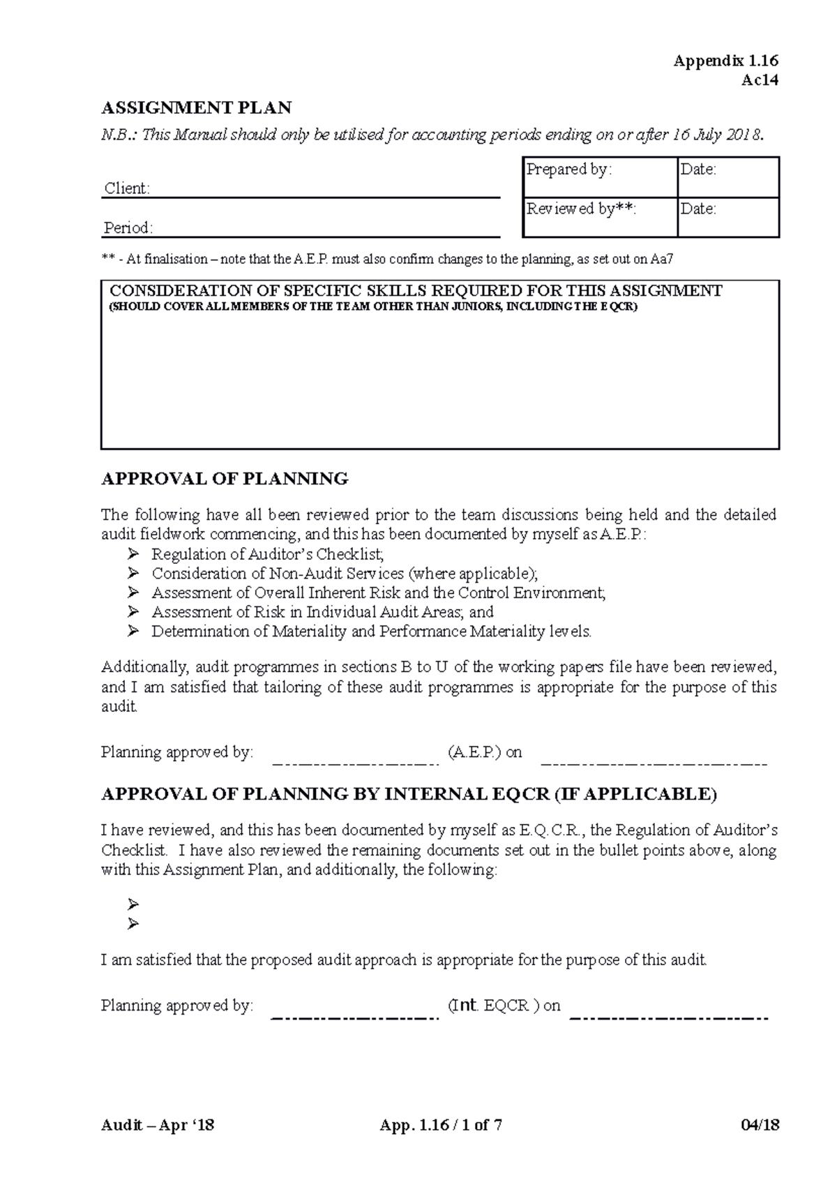Ac14 Assignment Plan: Audit Approach and Planning Overview - Studocu