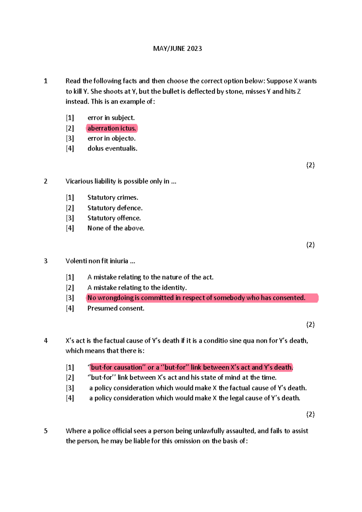 CRW2601 Final Exam Questions and Answers on Criminal Law Concepts - Studocu