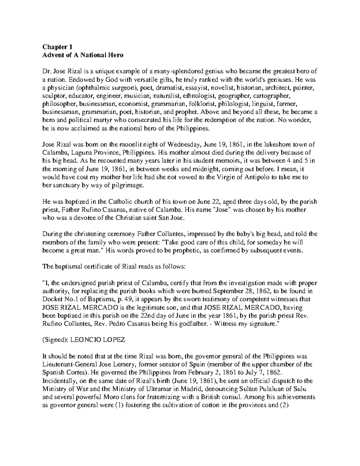 Chapter 1: The Life and Works of Dr. Jose Rizal (Course Code: RESPORT ...