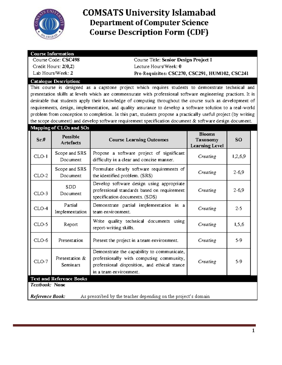 CSC498 Senior Design Project I Course Description Form (CDF) - Studocu
