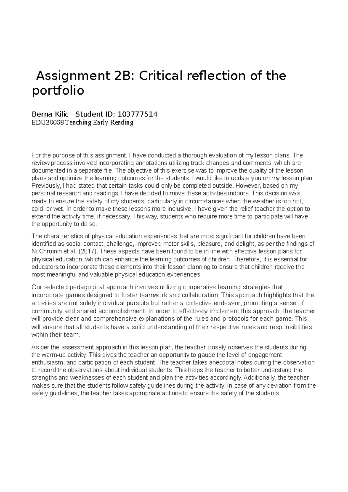 EDU30068 Assignment 2B: Critical Reflection on Lesson Planning - Studocu