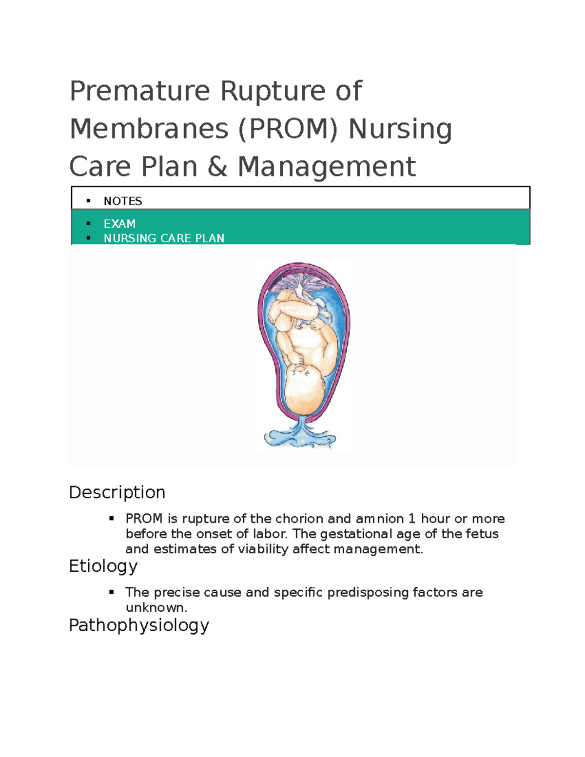 PROM - Nursing Care Plan Summary & Management Notes - Studocu