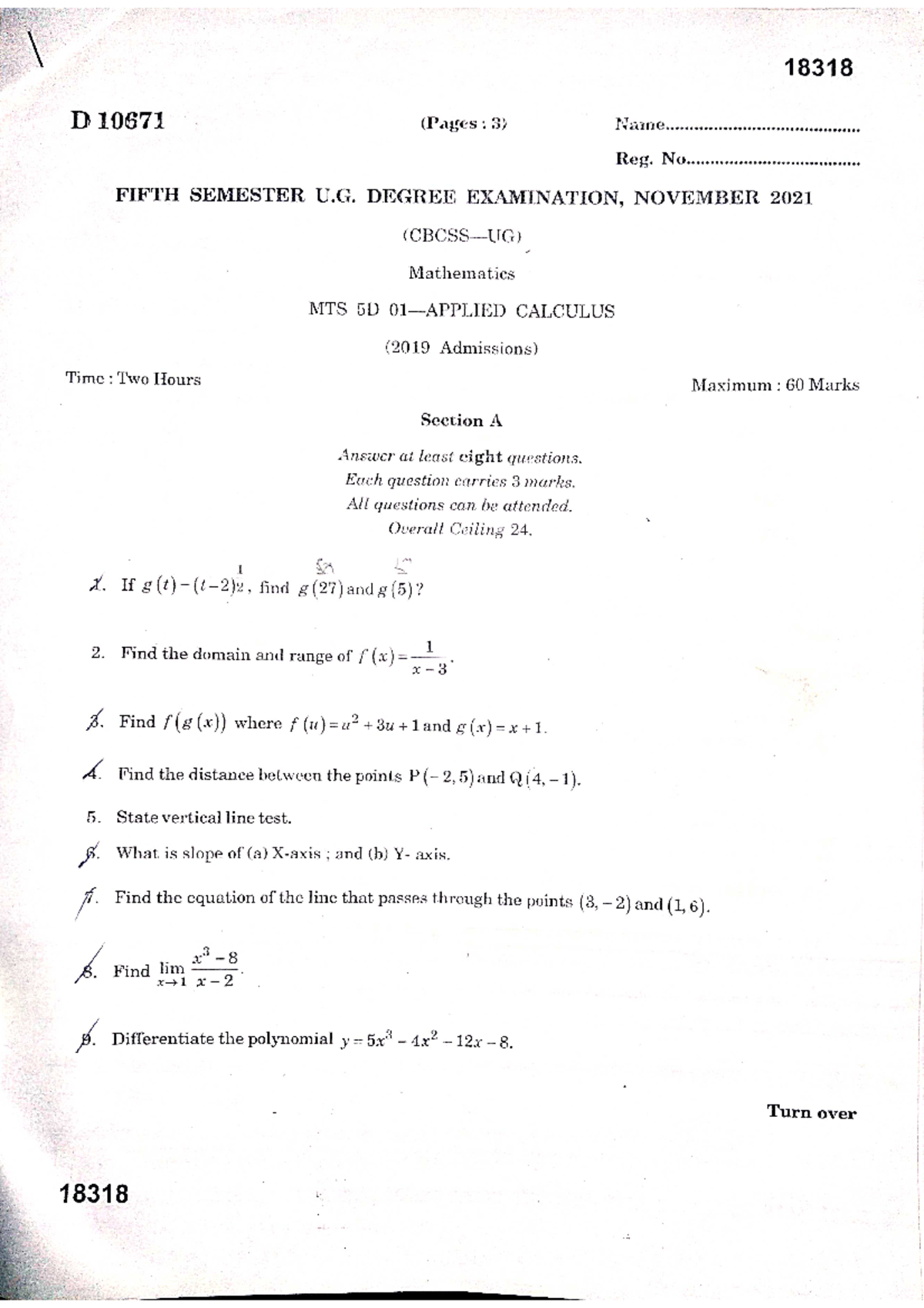5th semester open course (applied calculus ) question paper - Bsc maths ...