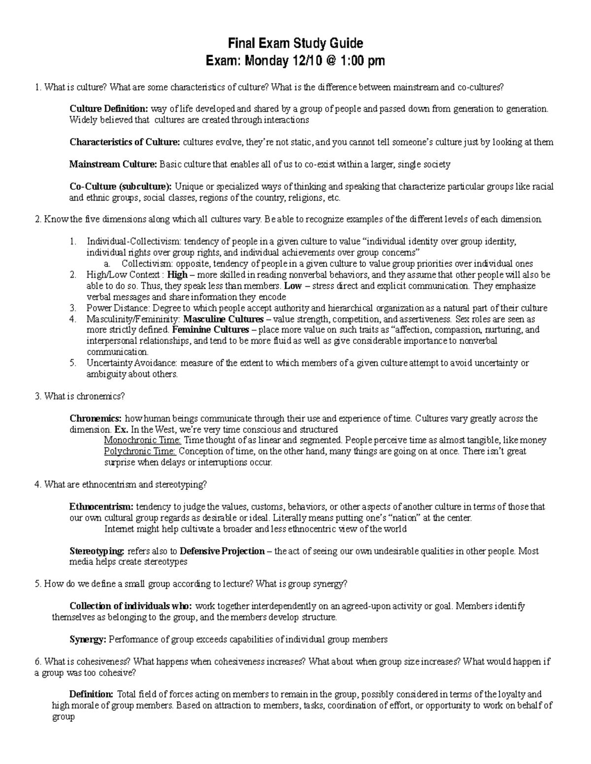 The Process of Communication - Final Exam Study Guide - F i na l Ex a ...