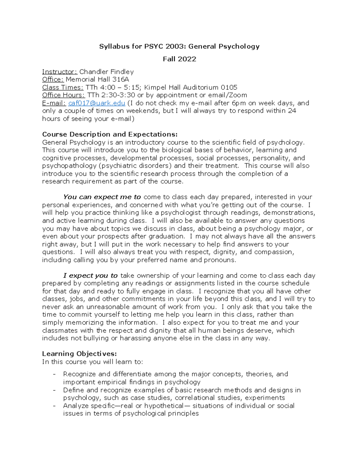 Syllabus for PSYC 2003: General Psychology Fall 2022 - Studocu
