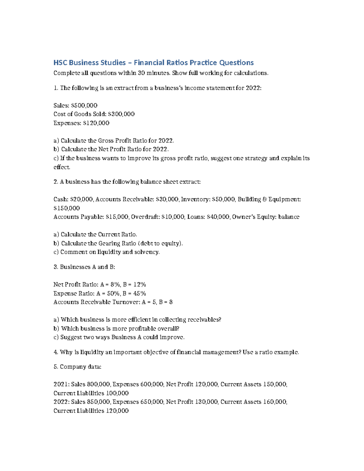 HSC Business Studies Year 12 Financial Ratios Practice Questions - Studocu
