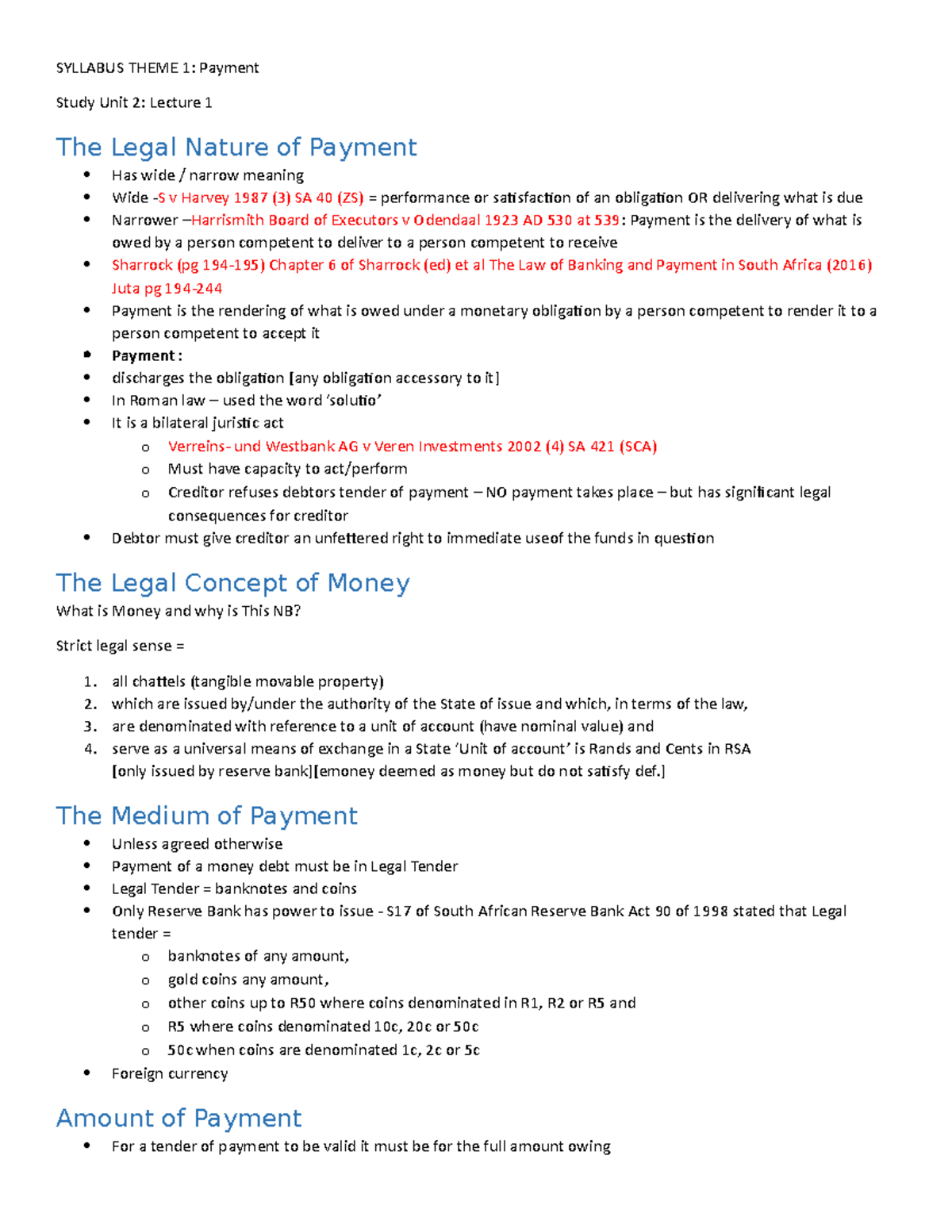 WEEK 1 Payments - lecture notes - SYLLABUS THEME 1: Payment Study Unit ...