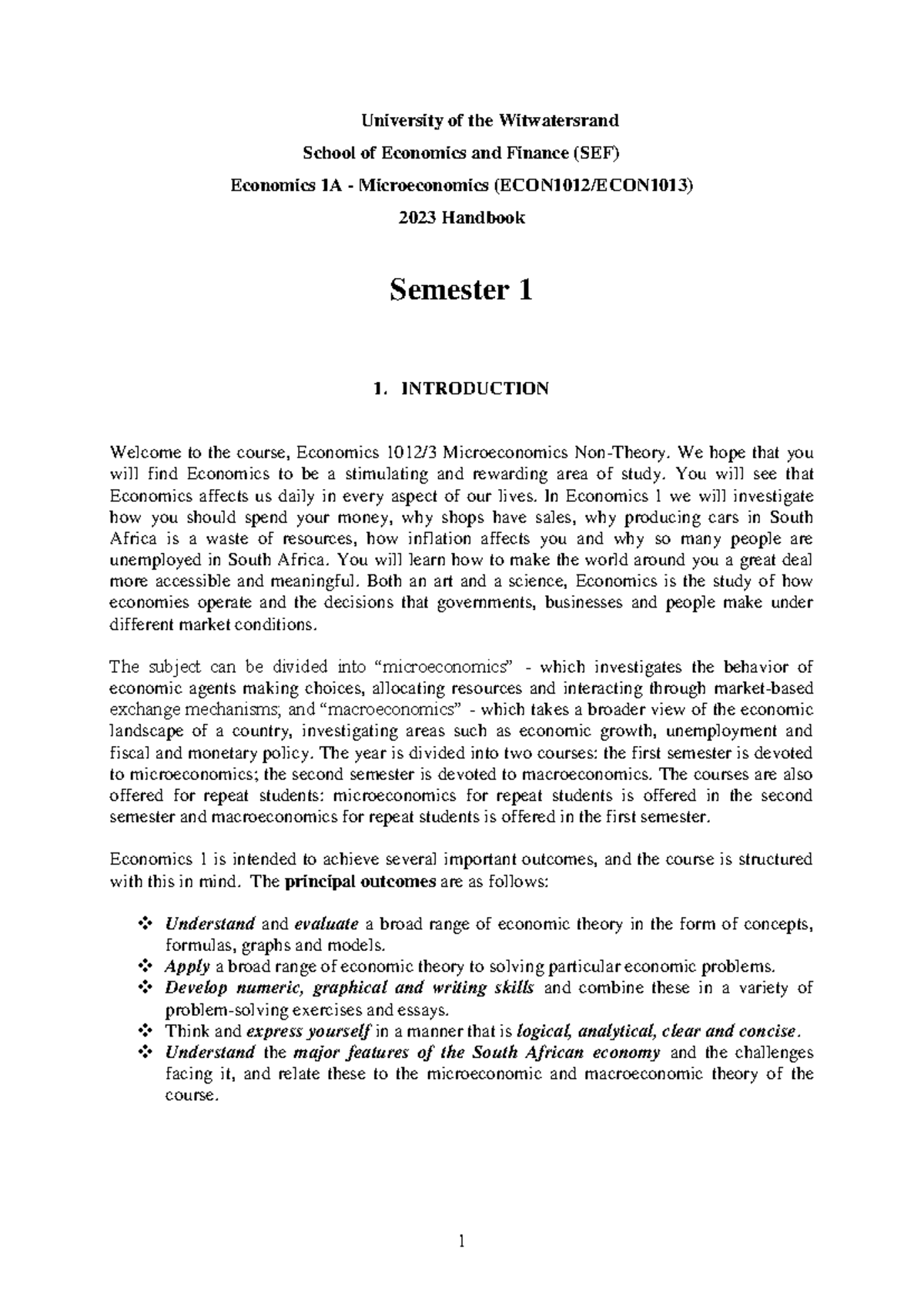 Econ 1012/3 Microeconomics Handbook for Semester 1 2023 - Studocu