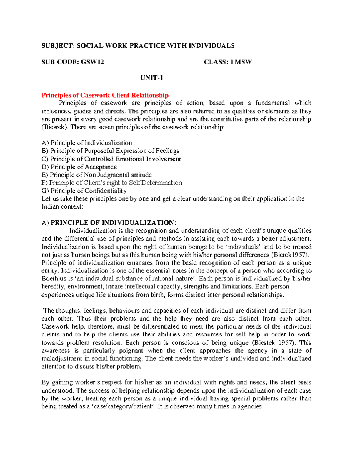 SCWP - Principles of Casework in Social Work Practice - Studocu