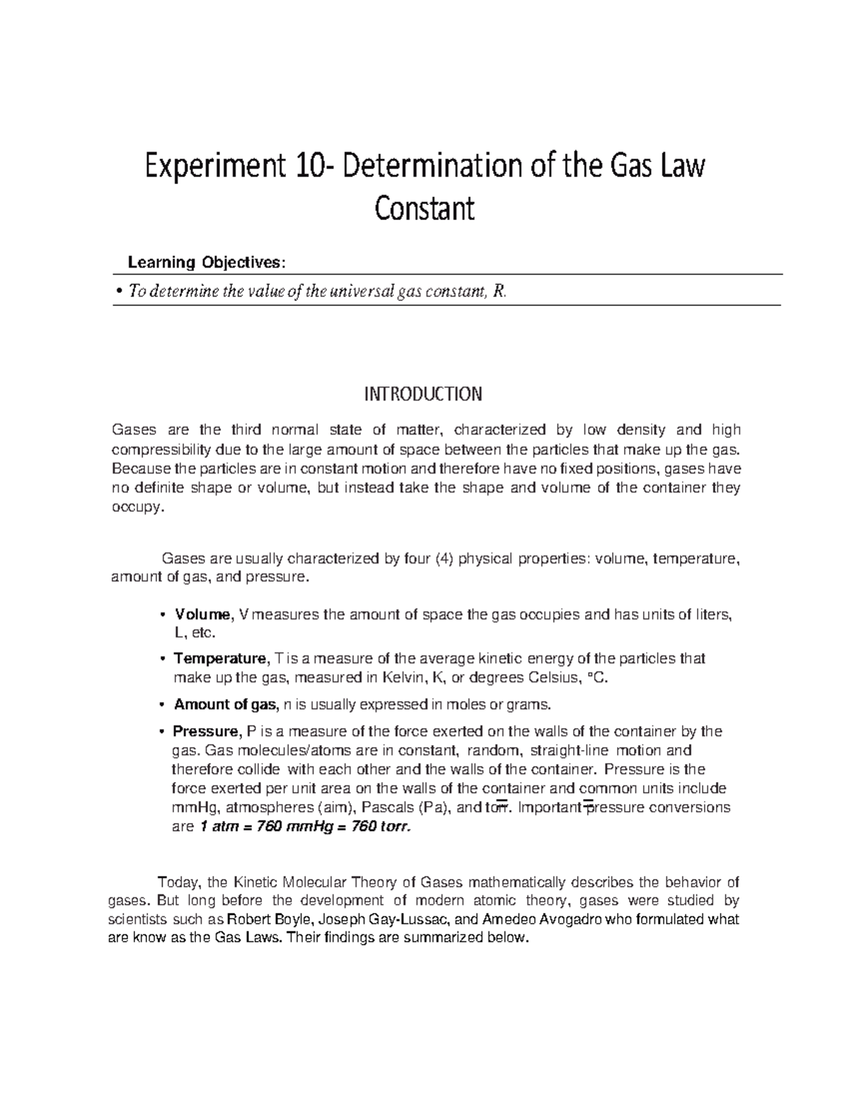 Lab 10: Determination of the Gas Law Constant and R Value - Studocu