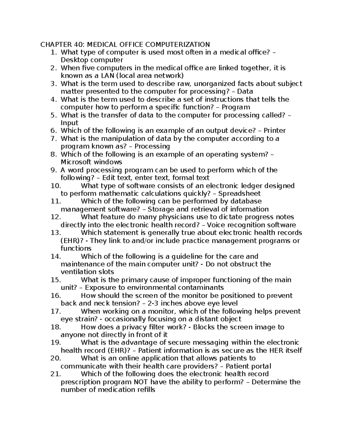 Medical Office Computerization Overview (Course Code: CH40) - CHAPTER ...