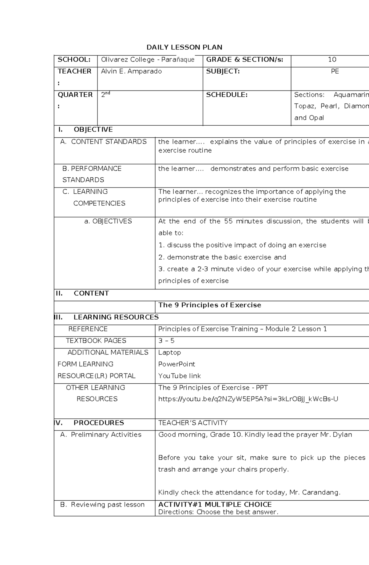 DLP- Format - DAILY LESSON PLAN SCHOOL: Olivarez College - Parañaque ...