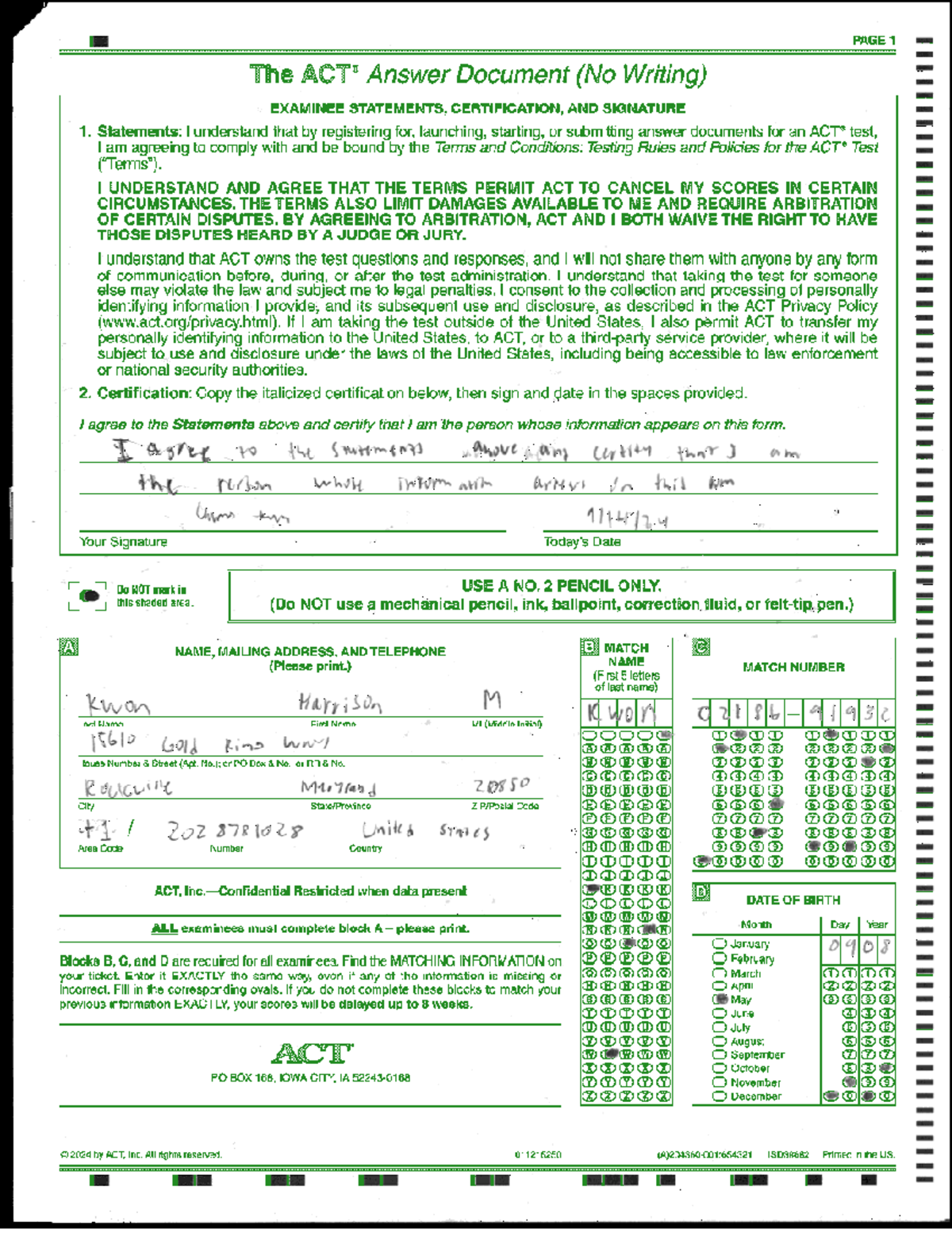 ACT Exam Answer Document: Certification and Compliance Statements - Studocu