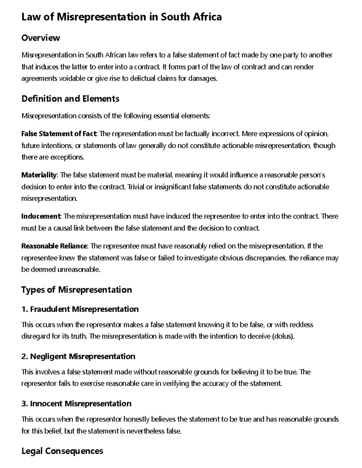 Law of Misrepresentation in South Africa: Key Elements & Types - Studocu