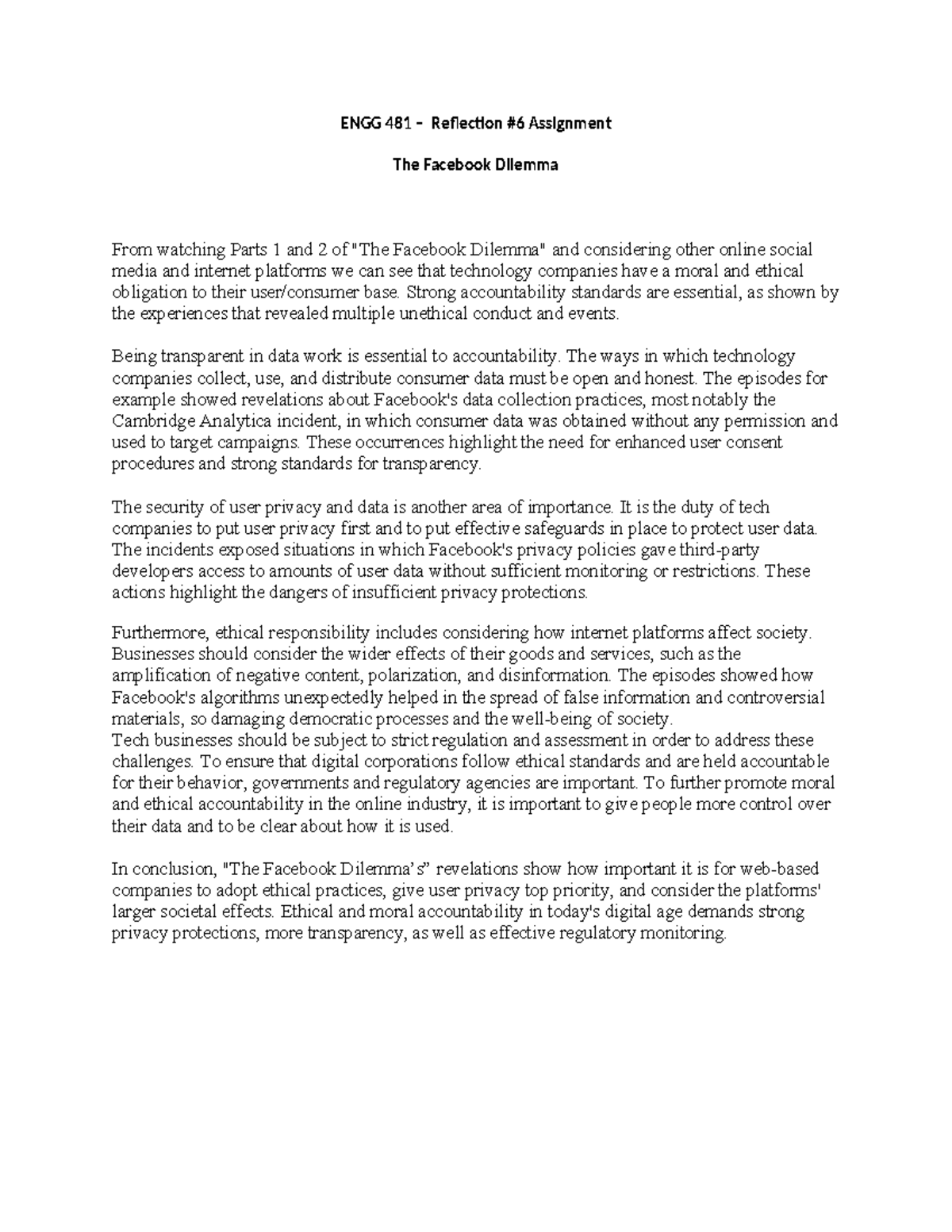 ENGG 481 Reflection #6: Analyzing Ethical Obligations in 