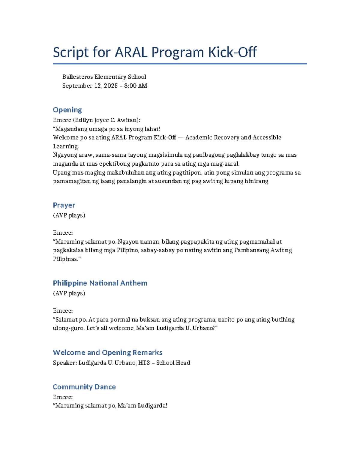 ARAL Program Script - Ballesteros Elementary School Event Notes - Studocu