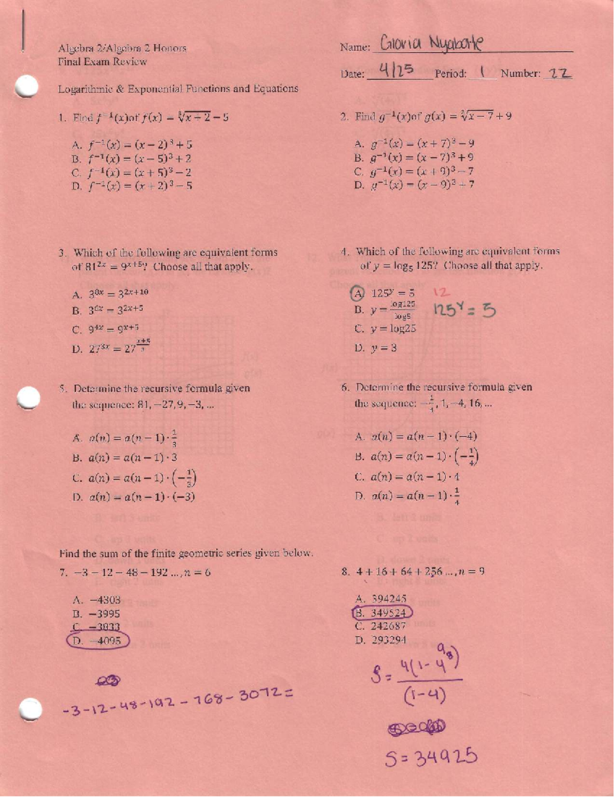 Algebra 2 Honors Final Exam Review: Logarithmic & Exponential Functions ...