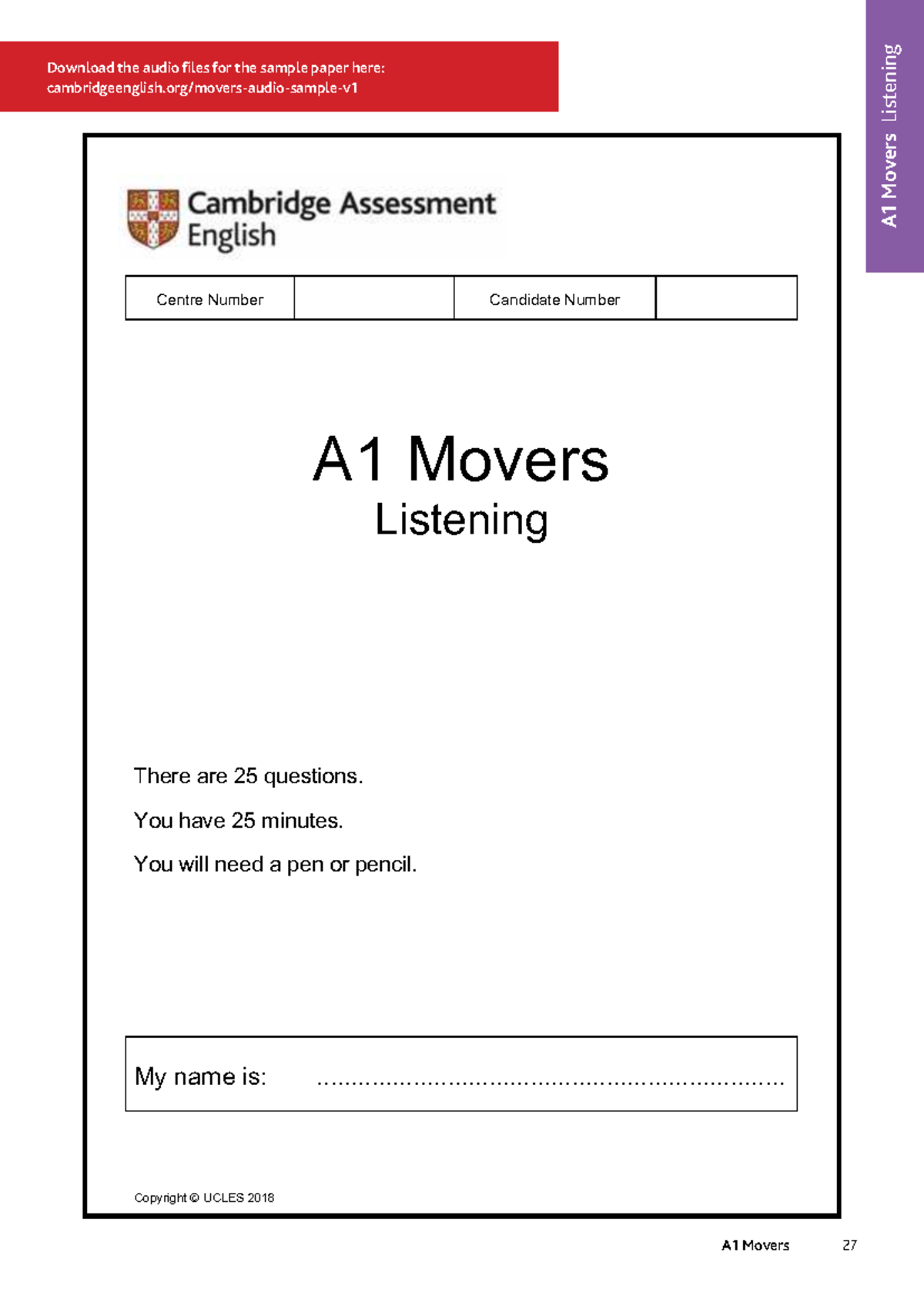 A1 Movers Listening Sample Test with Audio Files and Marking Key - Studocu