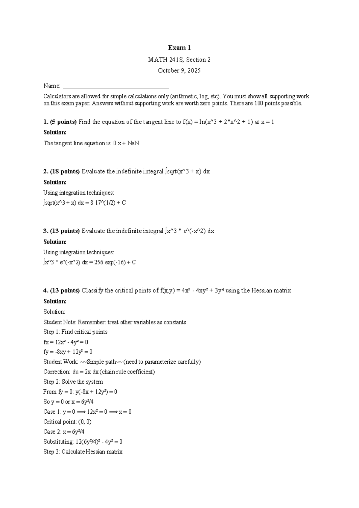 MATH 241S Exam 1 Solutions - Calculus Concepts and Techniques - Studocu
