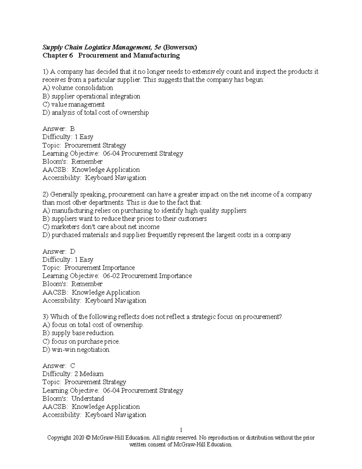 Bowersox 5e Chapter 06 TB Answer Key - Procurement & Manufacturing ...