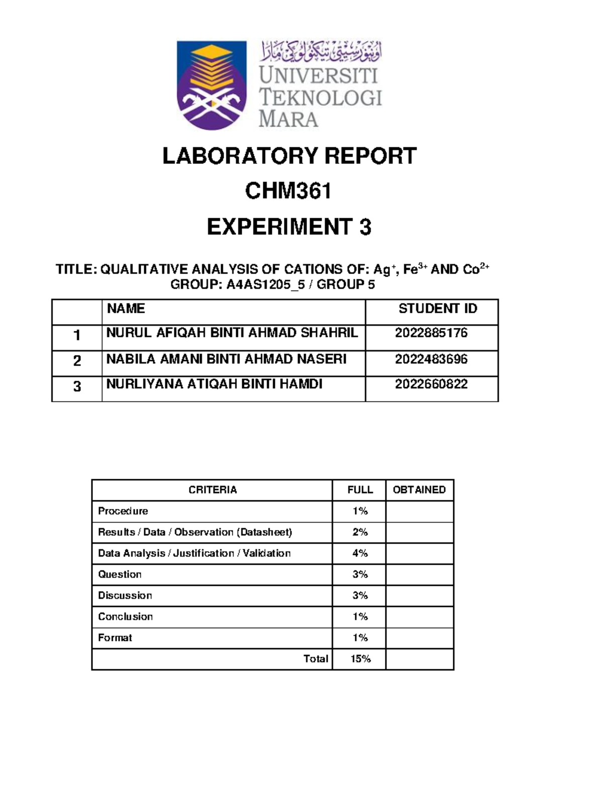EXP3 CHM361 - LAB REPORT EXP 3 - LABORATORY REPORT CHM EXPERIMENT 3 ...