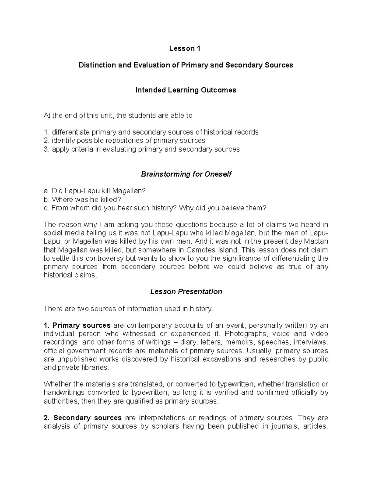 Distinction and Evaluation of Primary and Secondary Sources - Did Lapu ...