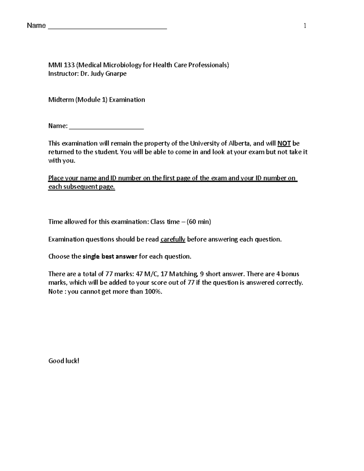 MMI 133 Midterm Exam Practice - Medical Microbiology Review Guide - Studocu