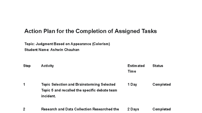 Action Plan for Judgment Based on Appearance Tasks - Studocu