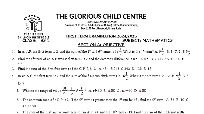 Mathematics SS 2 First Term Exam Questions and Solutions - Studocu