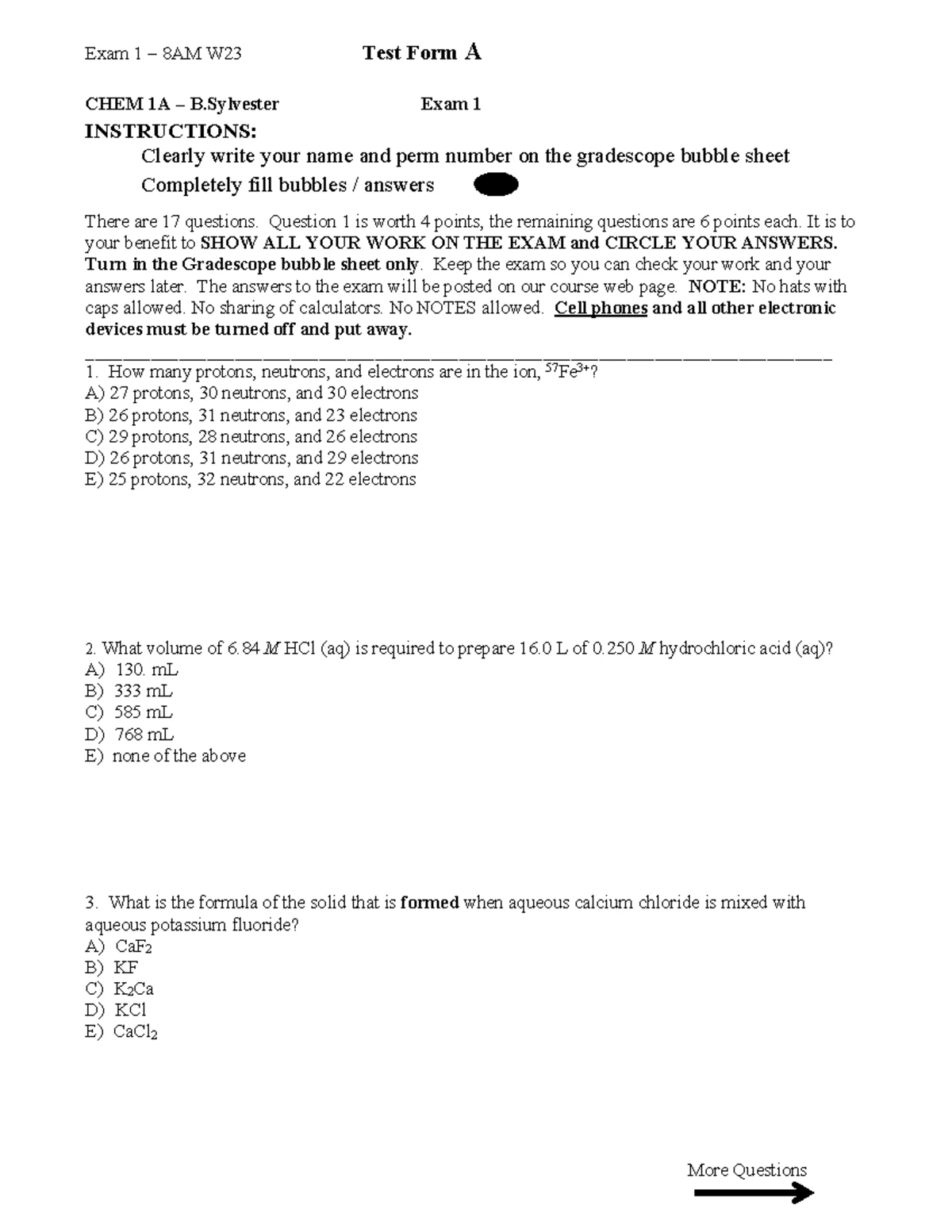 CHEM 1A Exam 1 Fall 2019 Key - Test Form A Answers and Instructions ...