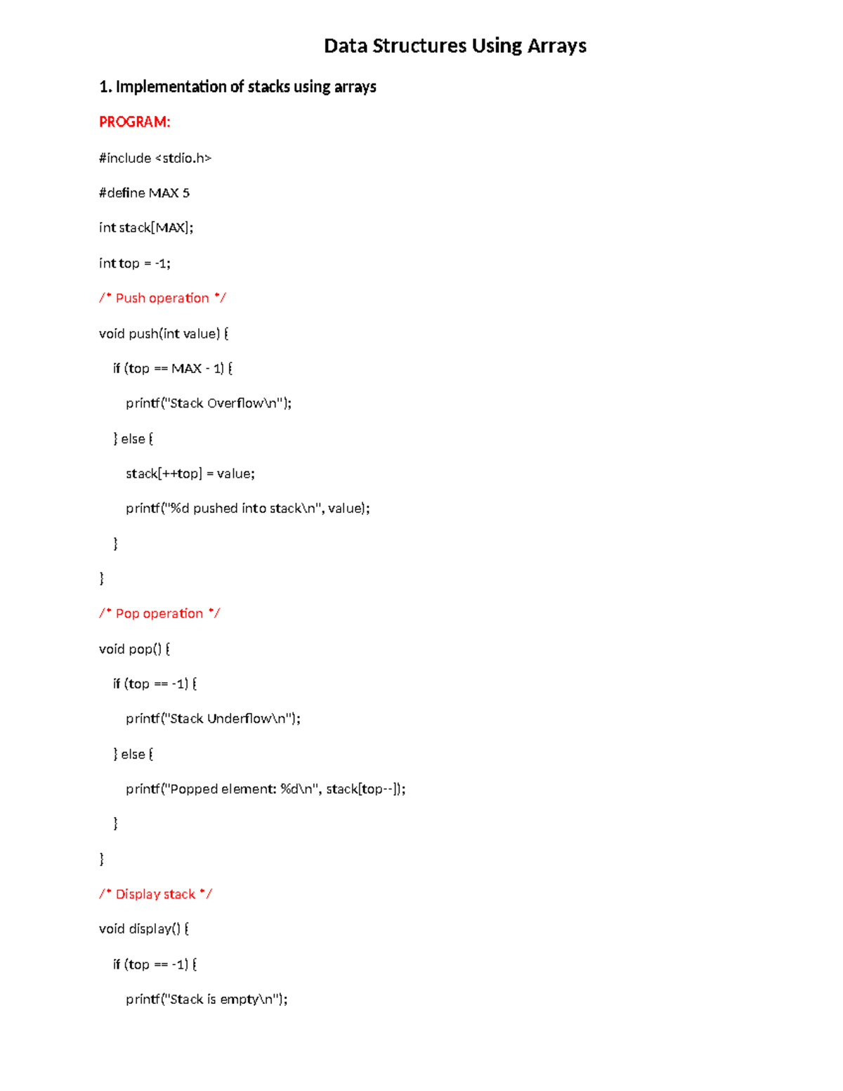 Data Structures Using Arrays: Stack, Queue, Linked List Implementations ...