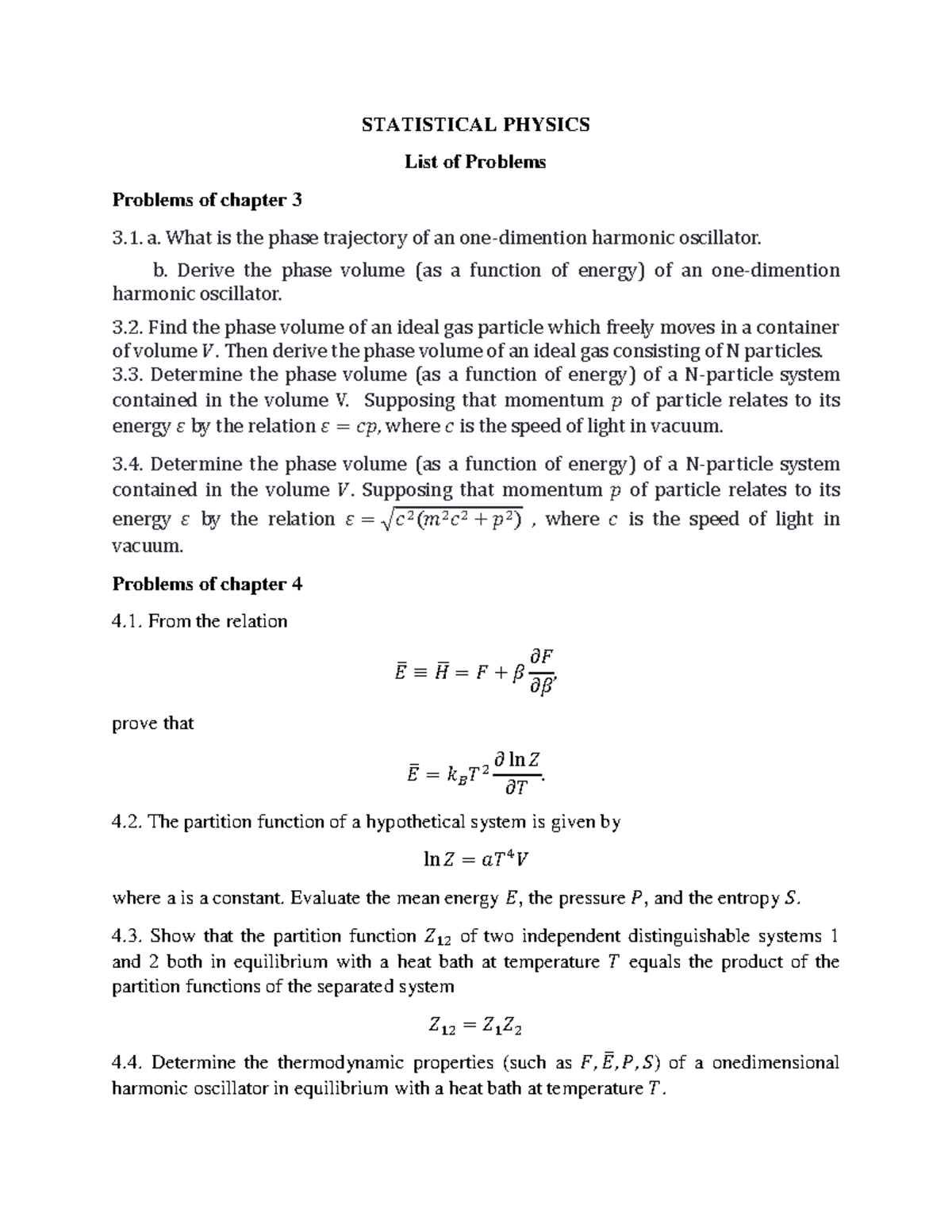 STAT 301: Problems from Chapters 3 to 5 in Statistical Physics - Studocu