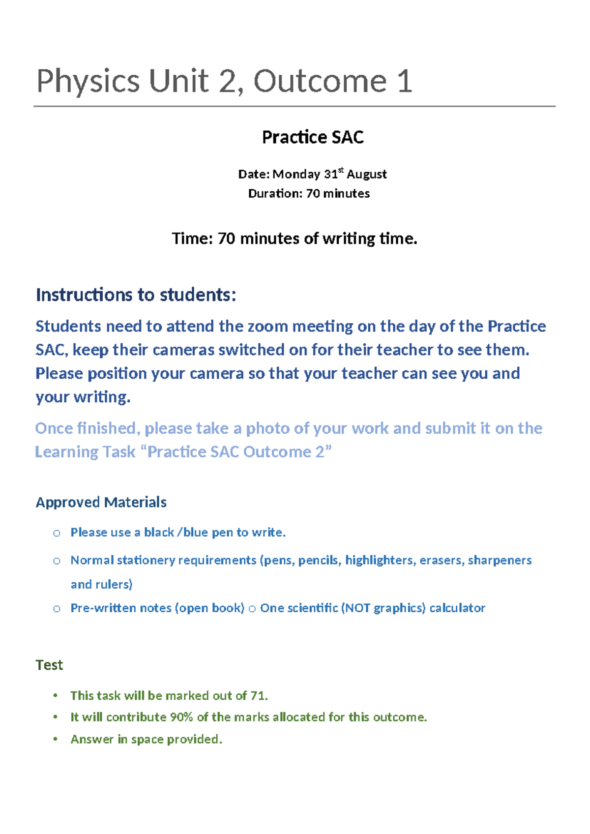 Physics Unit 2, Outcome 1: Practice SAC Guide for Students - Studocu