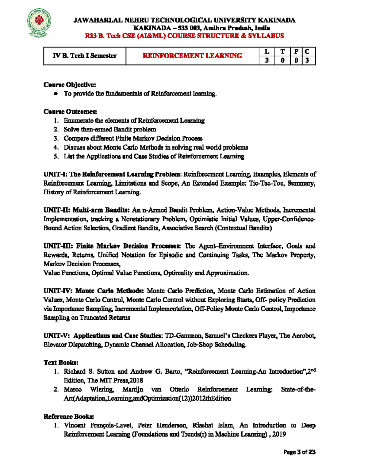 R23 B. Tech CSE IV Sem Reinforcement Learning Syllabus - Studocu