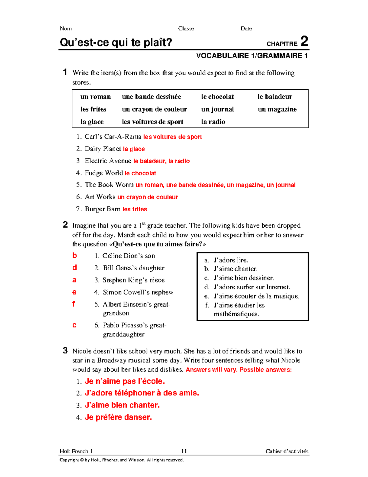 Holt French 1 - Cahier d'Activités Answers for Chapter 2 - Studocu