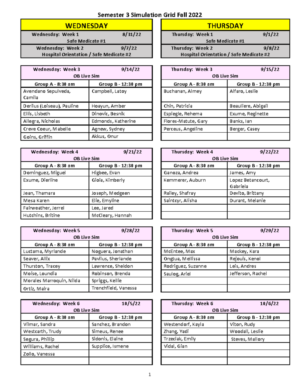 Semester 3 Simulation Grid Fall 2022: Weekly Schedule & Evaluations ...